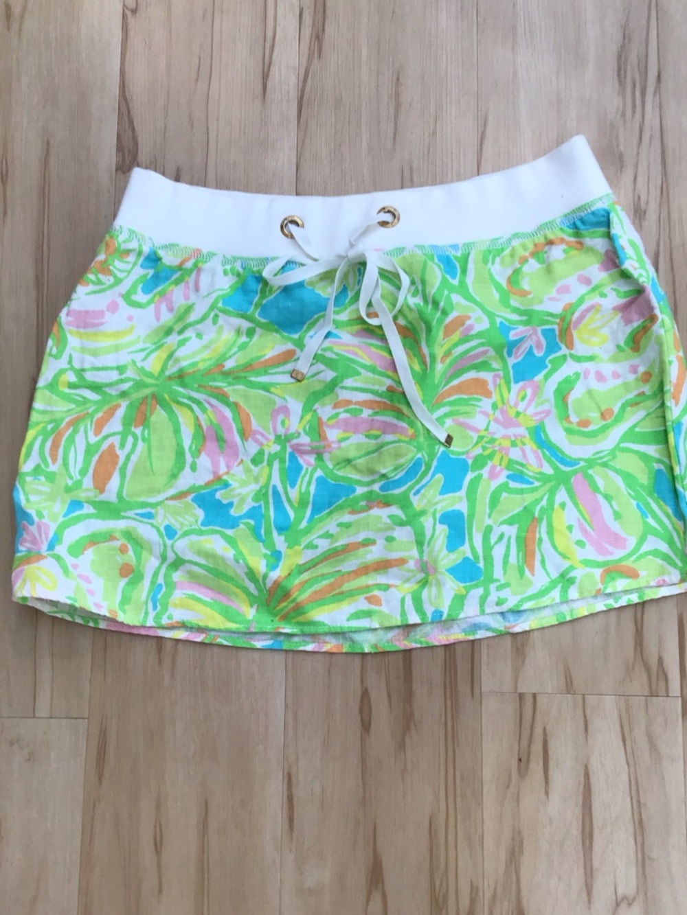 Lilly‎ Pulitzer Tropical Print Elephant Ear Linen Skirt Drawstring Stretch Waist